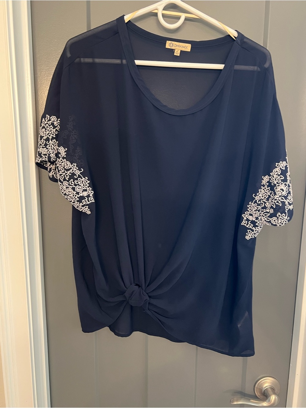 Democracy Navy Blue Knot-Front Blouse with White Embroidered Sleeves